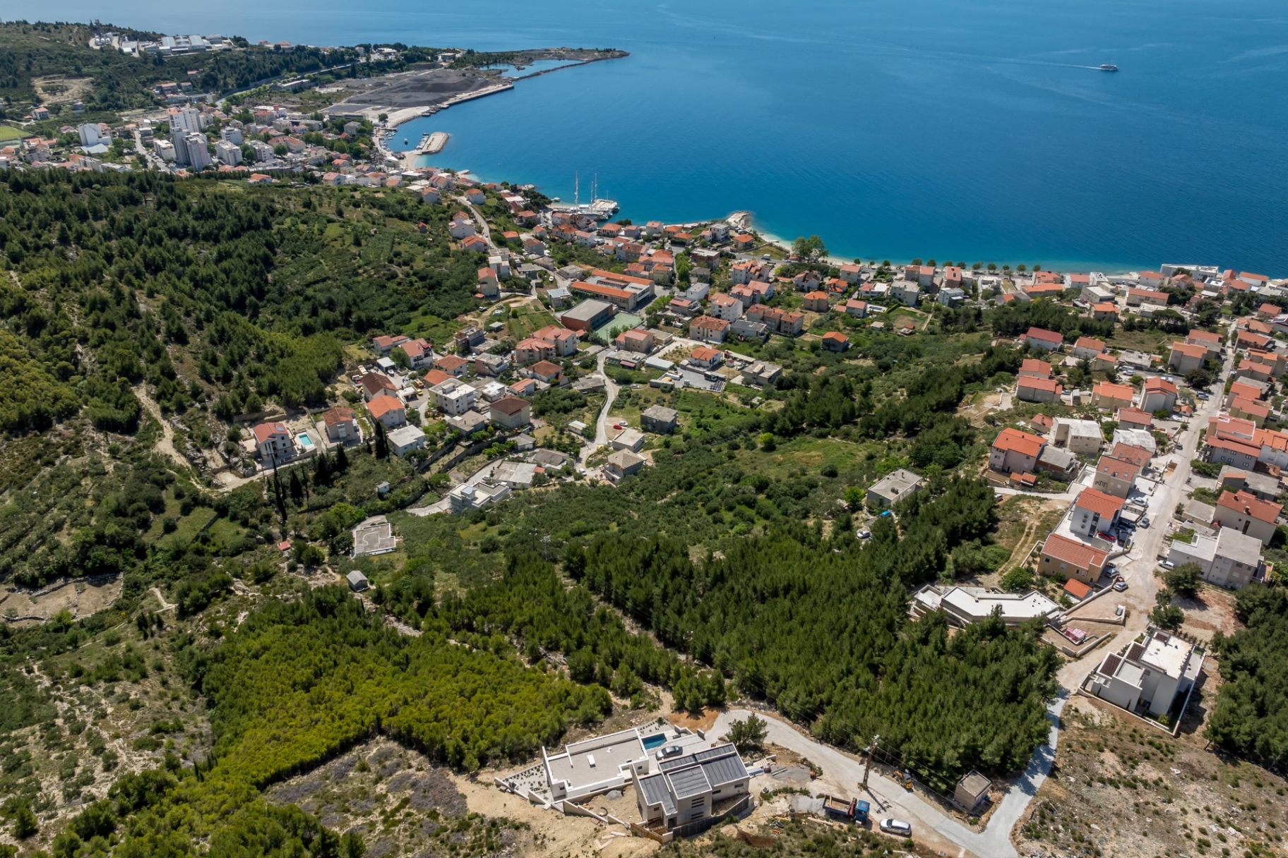 Aerial view of the villa and surrounding area