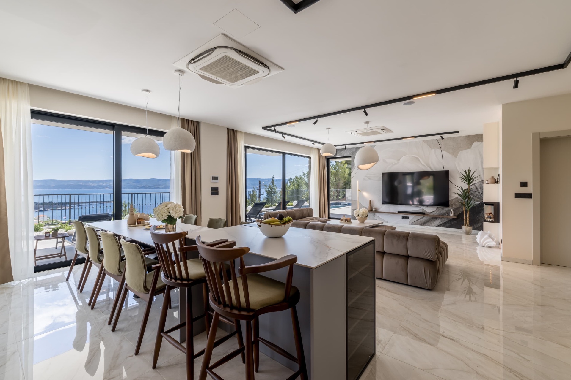 Dining and living area with sea view